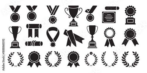 Set of achievement icons with medals trophies ribbons certificates and laurel wreaths representing success and recognition awards