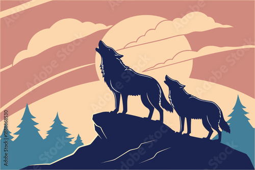 Pair of wolves standing on rock, silhouettes against sunset, atmosphere of strength and loyalty