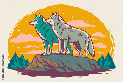 Pair of wolves standing on rock, silhouettes against sunset, atmosphere of strength and loyalty