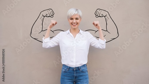 Confident woman standing with a strong muscle gesture in front generic a wall with drawn muscular arms behind her