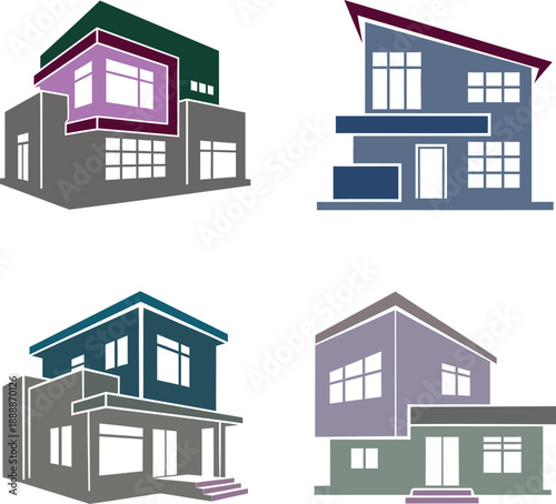 Set of Modern Architectural House Exterior Vectors for Real Estate and Residential Design Concepts.