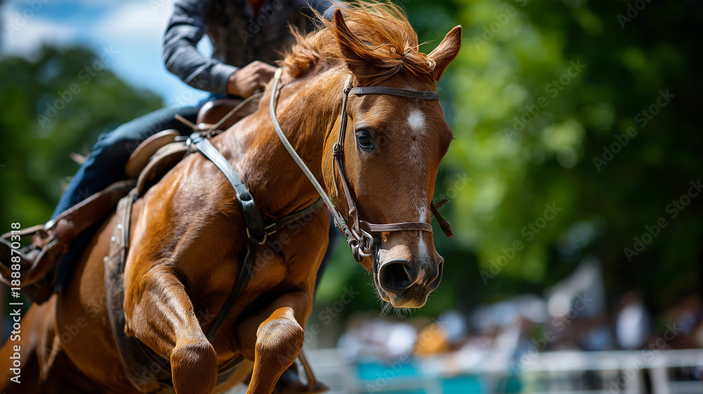 Obraz premium Faceless American cowboy on bucking bronco horse, western rodeo sport, traditional competition, equestrian challenge, arena performance, defocused spectators, with copy space