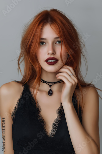 redhead woman with dark lipstick wearing black lace top on grey background gothic beauty and alternative fashion portrait