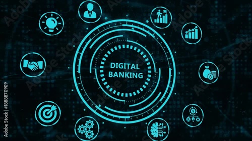 A futuristic digital banking interface displayed as a glowing hologram, connecting financial icons in a network. Modern technology concept for online finance.