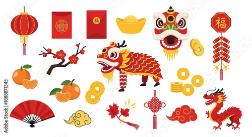 Chinese New Year Symbols: Dragon, Lantern, Red Envelopes, Firecrackers, Oranges, Fan, Gold