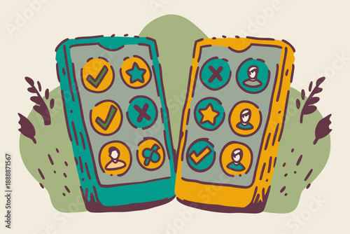 Two phones with business message icons — arrows, checks, voice, emojis