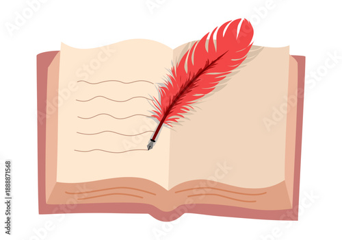 One continuous line drawing of Opened book with pen. Education in school and library studying in simple linear style. Writing diary in Editable stroke. Doodle outline vector illustration