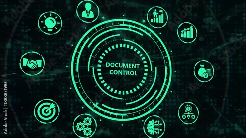 Abstract digital interface showcasing document control system with icons for strategy, data, and workflow automation, ideal for business and technology concepts.