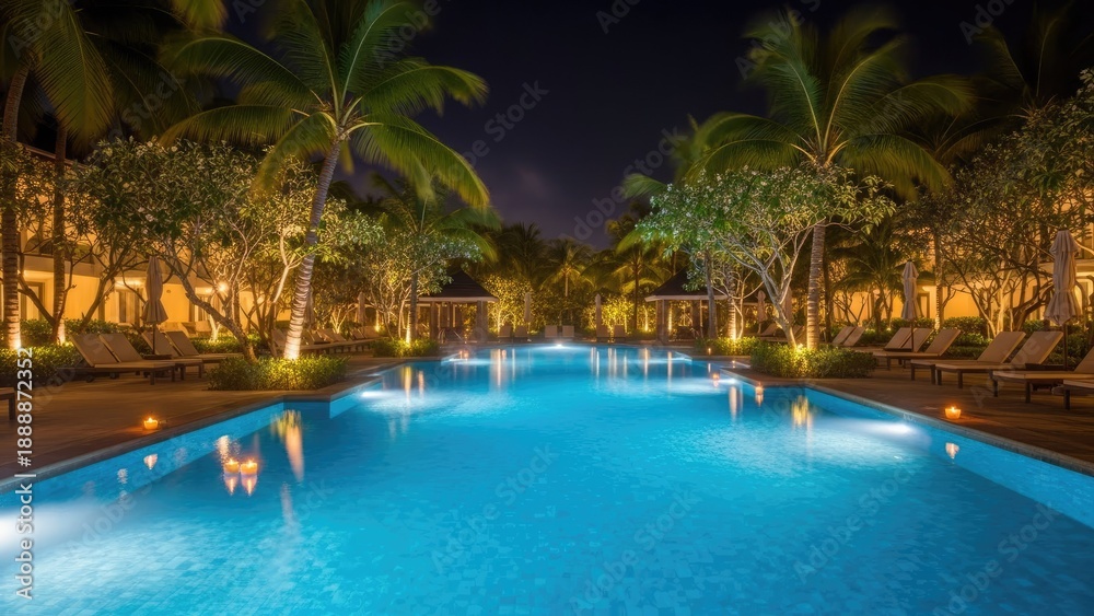 Fototapeta premium A serene nighttime scene of a luxurious pool surrounded by palm trees