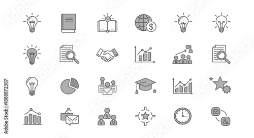 A collection of grey icons depicting concepts such as ideas learning business and global connections