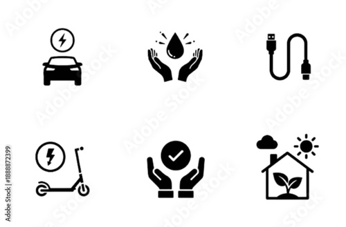 A comprehensive eco-friendly vector image set featuring various icons including an electric car, water conservation hands, USB cable, and sustainable home concepts