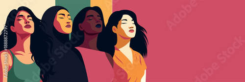 Women's day. Vector illustration of four women of different cultures and nationalities standing together and looking up. Feminism freedom. Movement for gender equality women's empowerment