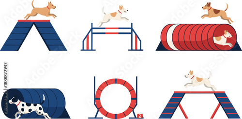 Dog agility training course set with jumping tunnels ramps hoops and obstacle equipment for canine sport flat vector illustration