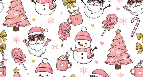 Cute pastel pink Christmas seamless pattern with Santa, snowman, trees, candy canes, cocoa mugs, bows, hearts, snowflakes, winter vector
