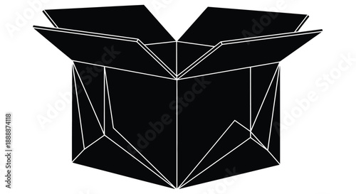 An abstract illustration of an open cardboard box presented in a minimalist black and white geometric style