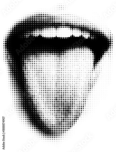 Black and white halftone illustration of mouth with tongue out in retro vintage comic book dotted texture newspaper print pop art style. Could represent the taste sense from the five senses. 