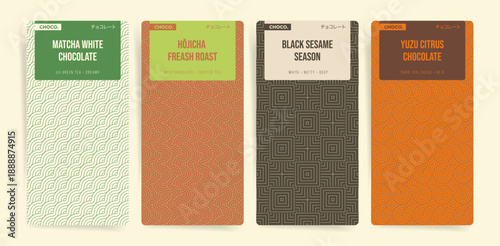 Japanese chocolate bar packaging design set with matcha hojicha black sesame yuzu flavors. Minimal geometric abstract wrapper templates with seamless line ornament