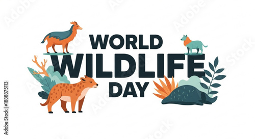 World wildlife day illustration with animals and plants on white background