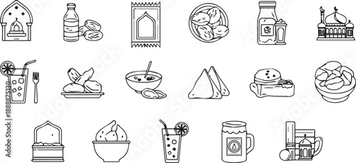 Outline Ramadan Iftar Snacks, Traditional Cuisine and Refreshment Icon Set, Minimalist Islamic Dining, Samosa, Dates and Healthy Iftar Vector Icons Collection