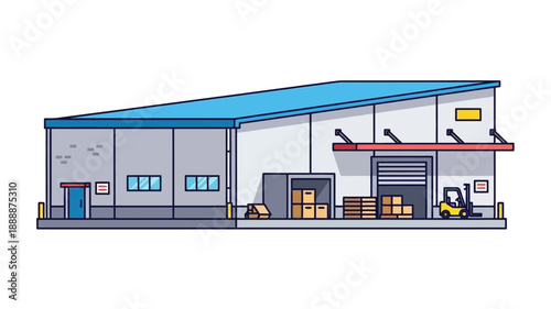 Illustration of a modern warehouse building with loading docks and forklift