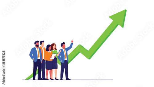 Business professionals stand with a large green upward trending graph