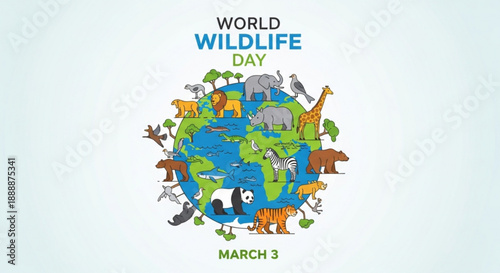 World wildlife day illustration with animals around the globe on march 3rd for conservation awareness