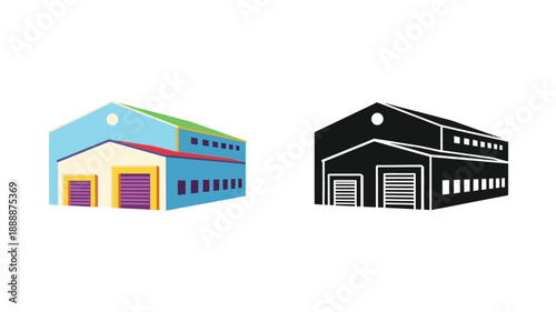 Two warehouse building icons one color one black and white