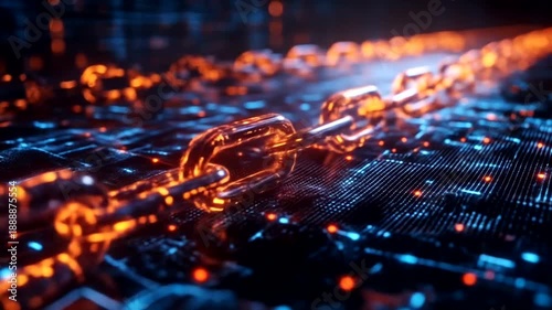 Digital blockchain network with glowing orange and blue lights.