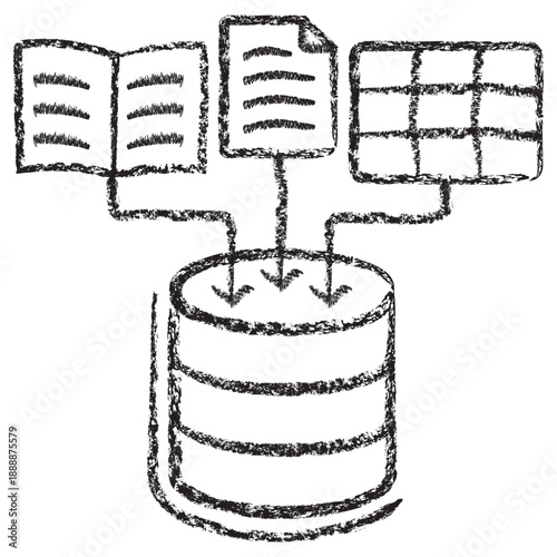 Vector icon showing data integration from books, documents, and tables into a central database. Dark brown charcoal sketch on transparent background. Organized information storage concept