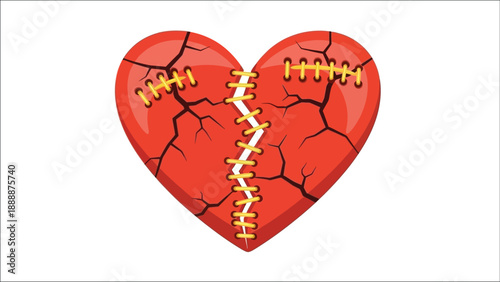 A cracked red heart stitched together with golden thread depicts emotional repair