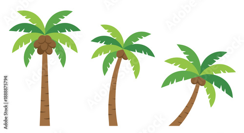 A set of three cartoon palm trees with coconuts, perfect for summer vacation designs and tropical island themes