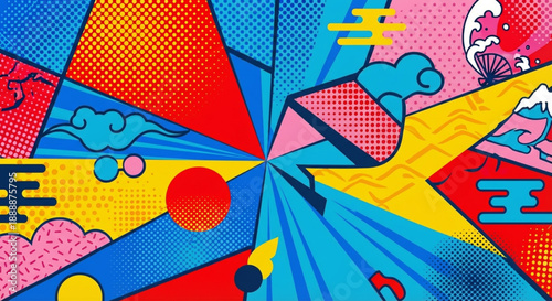 Vibrant Pop Art Graphic Design Dynamic Geometry and Stylized Japanese Cultural Motifs