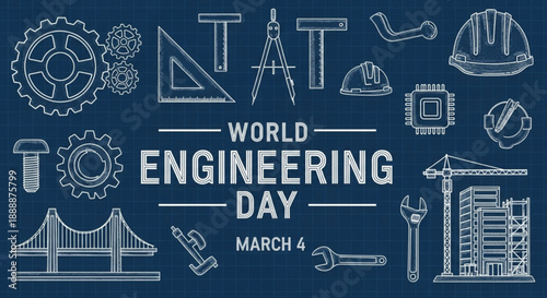 World engineering day graphic with tools and machinery on blue background celebrating march 4th with industrial icons and symbols