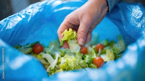 Hand throwing salad into a blue trash bag.