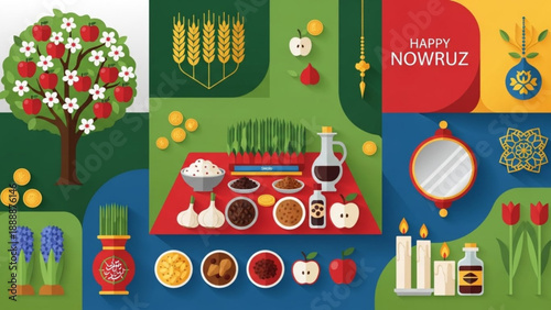 Nowruz Celebration with Haft-Seen Table Setup and Spring Elements