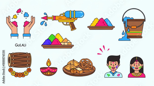 Holi Celebration with Colors and Traditional Items