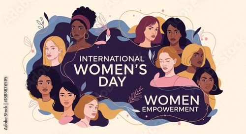 International women's day poster with diverse women and empowerment message on beige background