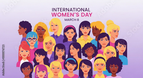 Diverse women celebrate international women's day on march 8 with colorful illustration of various ethnicities and hairstyles