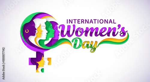 International women's day logo with colorful female symbol and silhouettes on white background