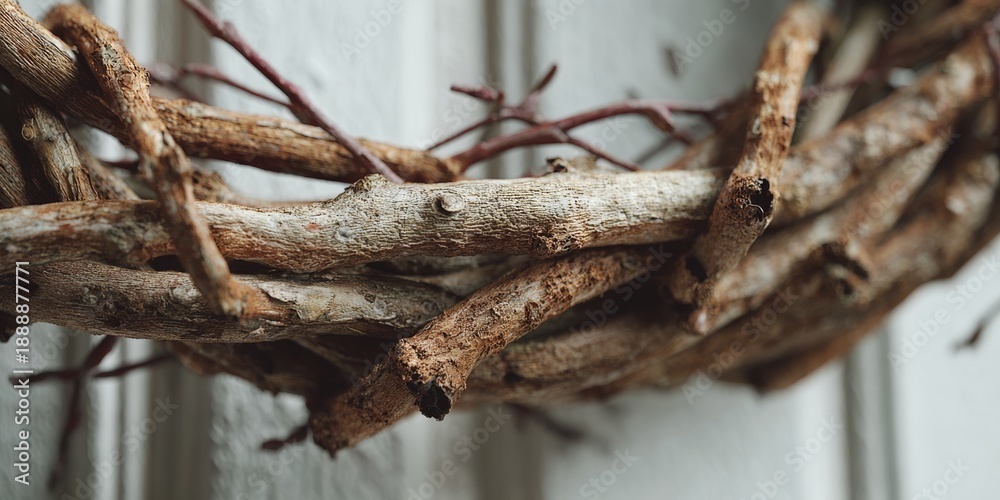 Fototapeta premium A close-up of a rustic wreath made from intertwined twigs, showcasing natural textures and earthy tones, perfect for seasonal decor.