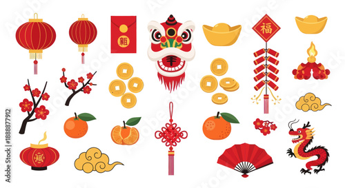 Chinese New Year Symbols Collection: Lanterns, Dragon, Lion Dance, Firecrackers, Oranges