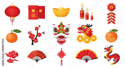 Chinese New Year Symbols: Dragon, Lanterns, Firecrackers, Oranges, Red Envelopes