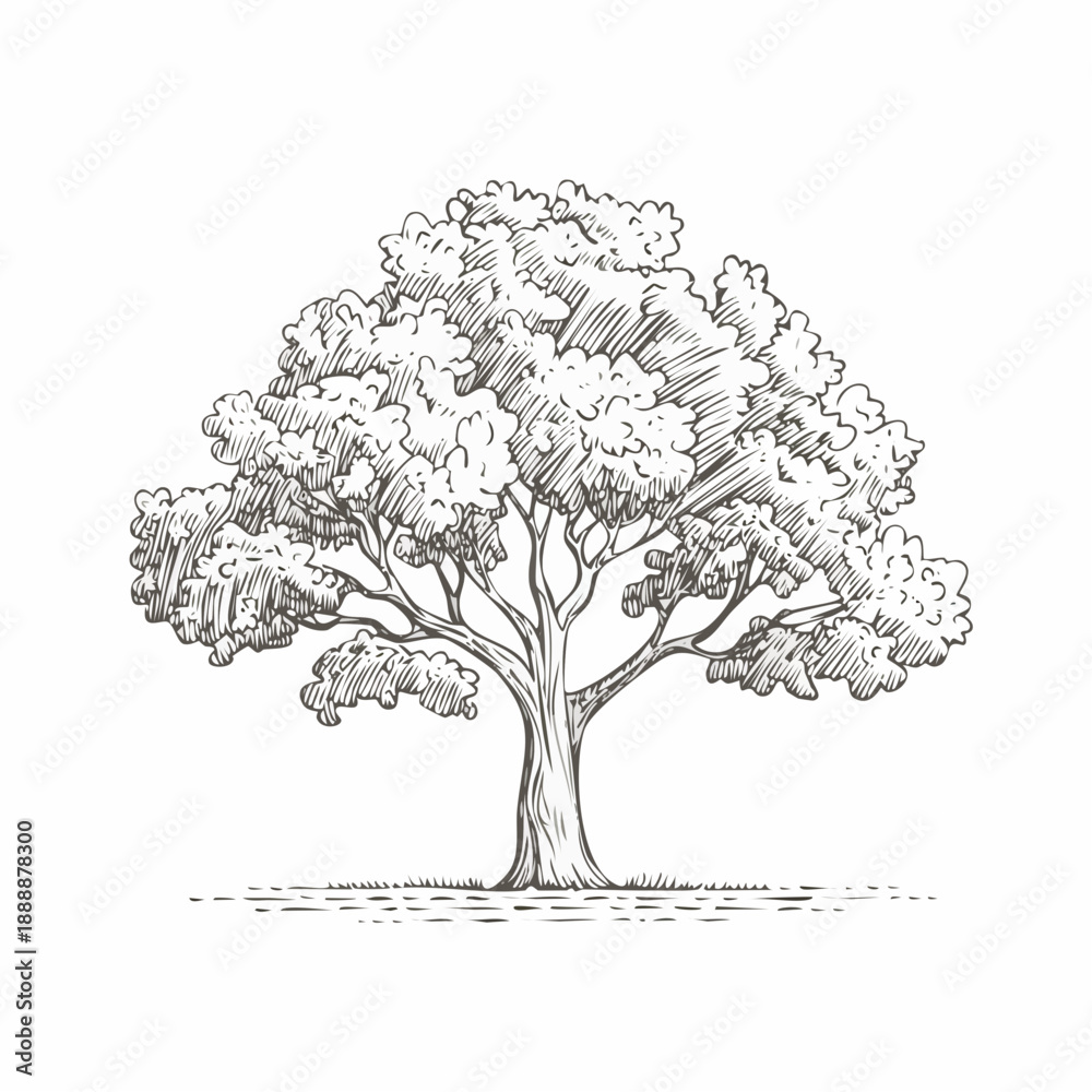 Fototapeta premium Oak tree with leaves isolated on white background. Vintage sketch