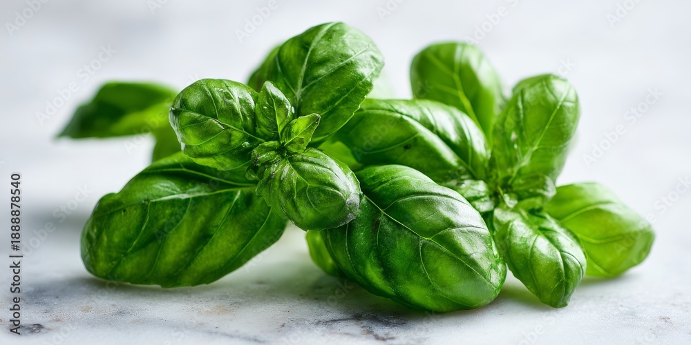 Fototapeta premium Fresh basil leaves with vibrant green color, showcasing their glossy texture, perfect for culinary uses and garnishing dishes.
