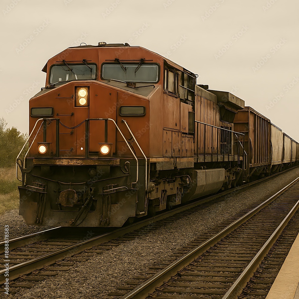 Obraz premium A freight train traveling on railway tracks through a rural landscape viewed from the front