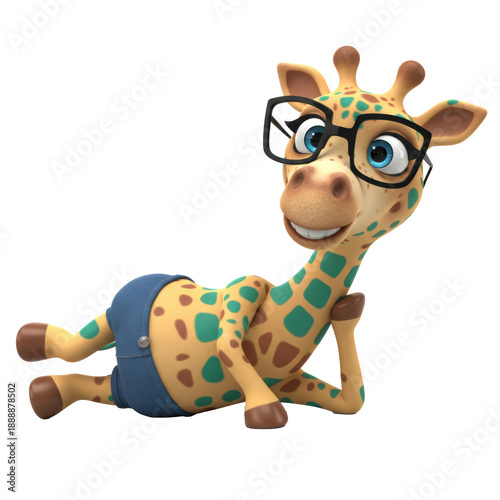 Adorable 3D cartoon giraffe with blue and green spots, black glasses, lounging cheerfully on a transparent background with copy space, playful character concept