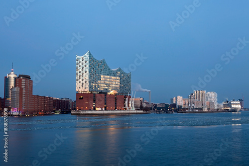 View across the Elbe River towards the Elbphilharmonie concert hall, Hamburg, Germany, Europe