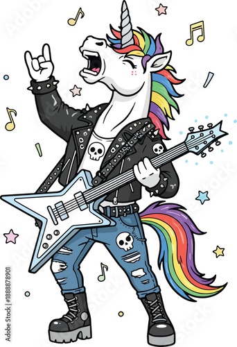 Rock and Roll Unicorn with Electric Guitar and Fire Mane Vector.