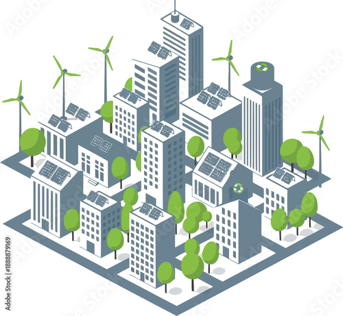 Eco-Friendly Urban Cityscape with Solar Energy and Wind Turbines