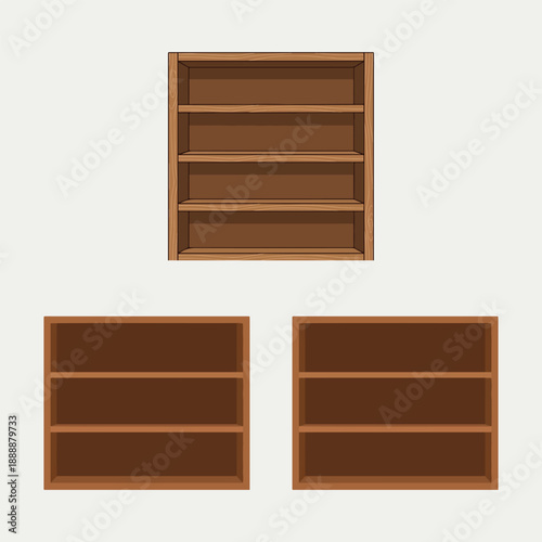 Collection of empty wooden bookshelves simple flat vector illustration for interior design storage solutions and retail concepts isolated on white